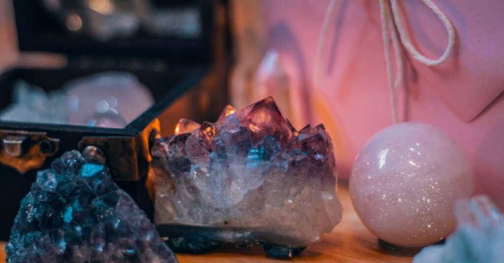 Vibrant collection of crystals and minerals showcasing natural beauty and sparkle.